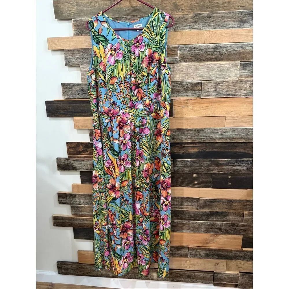 Talbots Midi Floral Colorful Blue Green Pink Tropical Chiffon Dress size 16W